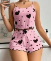 Pamuklu Pembe Üstüne Siyah Kalp Desenli Askılı Fitilli Şortlu Pijama Takımı - SSSSSS6962-181