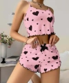 Pamuklu Pembe Üstüne Siyah Kalp Desenli Askılı Fitilli Şortlu Pijama Takımı - SSSSSS6962-181