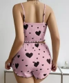 Pamuklu Pembe Üstüne Siyah Kalp Desenli Askılı Fitilli Şortlu Pijama Takımı - SSSSSS6962-181