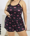 Büyük Beden Siyah Kalp Desen İnce Askılı Pamuklu Şortlu Pijama Takımı - SSSSSS2565-2081