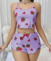 Pamuklu Lila Üstüne Çilek Desen Fitilli Askılı Şortlu Pijama Takımı - SSSSSS5463-8335