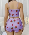 Pamuklu Lila Üstüne Çilek Desen Fitilli Askılı Şortlu Pijama Takımı - SSSSSS5463-8335