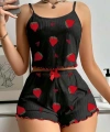 Pamuklu Siyah Üstüne Çilek Desen Fitilli Askılı Şortlu Pijama Takımı - SSSSSS6359-9212