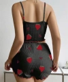 Pamuklu Siyah Üstüne Çilek Desen Fitilli Askılı Şortlu Pijama Takımı - SSSSSS6359-9212