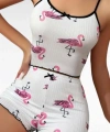 Pamuklu Beyaz Üstüne Pelikan Desen Fitilli Askılı Şortlu Pijama Takımı - SSSSSS5098-4897