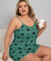 Büyük Beden Yeşil Kalp Desen Pamuklu Şortlu Pijama Takımı - SSSSSS9904-3959