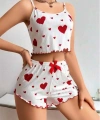 Pamuklu Beyaz Üstüne Kırmızı Kalp Desenli Askılı Şortlu Pijama Takımı - SSSSSS6052-9792