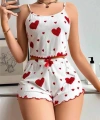 Pamuklu Beyaz Üstüne Kırmızı Kalp Desenli Askılı Şortlu Pijama Takımı - SSSSSS6052-9792