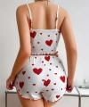 Pamuklu Beyaz Üstüne Kırmızı Kalp Desenli Askılı Şortlu Pijama Takımı - SSSSSS6052-9792