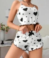 Pamuklu Beyaz Üstüne Siyah Kalp Desen Fitilli Askılı Şortlu Pijama Takımı - SSSSSS9828-6360