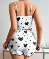 Pamuklu Beyaz Üstüne Siyah Kalp Desen Fitilli Askılı Şortlu Pijama Takımı - SSSSSS9828-6360