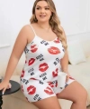 Büyük Beden Kiss Me Öpücük Desen Pamuklu Şortlu Pijama Takımı - SSSSSS9470-8843