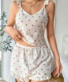 Pamuklu Beyaz Üstüne Kiraz Desen Fırfır Askılı Şortlu Pijama Takımı - SSSSSS3847-3166