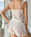 Pamuklu Beyaz Üstüne Kiraz Desen Fırfır Askılı Şortlu Pijama Takımı - SSSSSS3847-3166