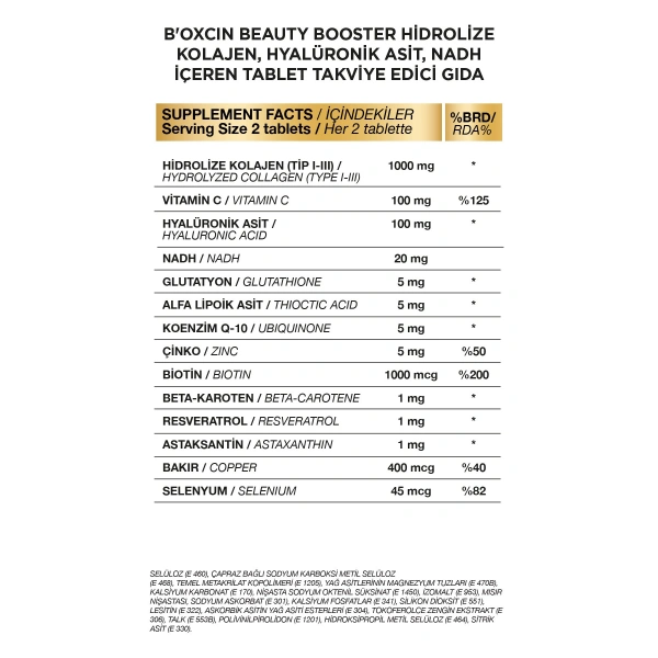 Beauty Booster 60 Tablet - Kolajen Nicotinamide CoQ10 Glutatyon  Astaksantin Resveratrol Hya Asit.