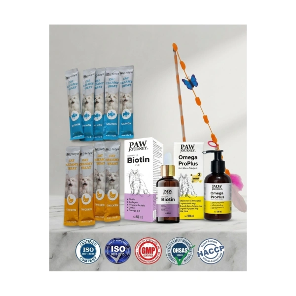 Kedi başlangıç seti (Pawjourney Biotin 50 ml , Omega Plus 100 ml,5 ad .Mofelya Krem Kedi Ödül maması 15 ml Tavuklu 5 ad. Somonlu, El yapımı Kedi Oltası)