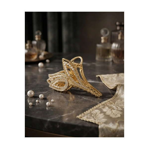 Gold renk lale modelli incili zirkon taşlı metal mandal toka