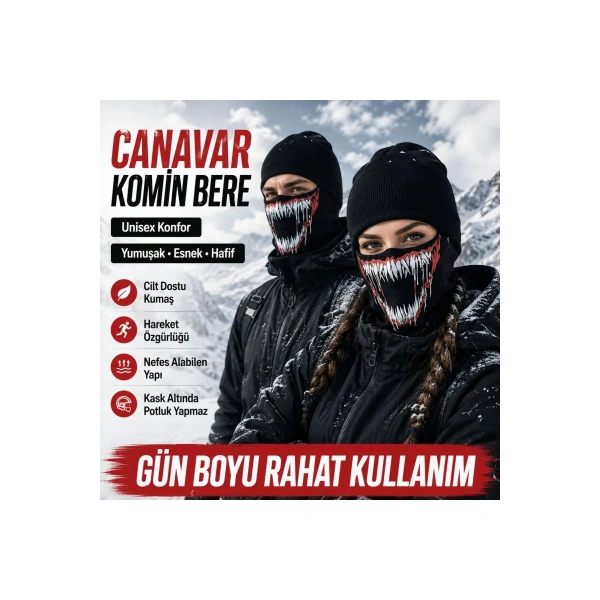 Unisex Canavar Diş Baskılı Balaklava 1 Adet Tek Beden Viskoz Kask İçi Motosiklet Maskesi