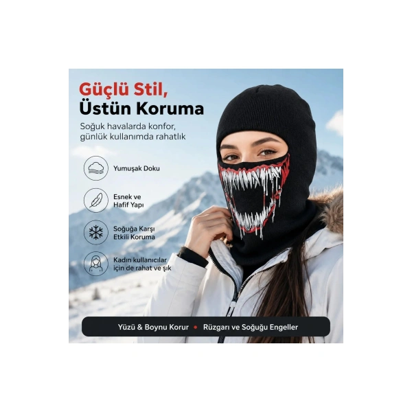 Unisex Canavar Diş Baskılı Balaklava 1 Adet Tek Beden Viskoz Kask İçi Motosiklet Maskesi