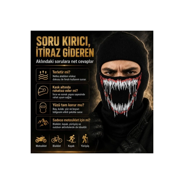 Unisex Canavar Diş Baskılı Balaklava 1 Adet Tek Beden Viskoz Kask İçi Motosiklet Maskesi