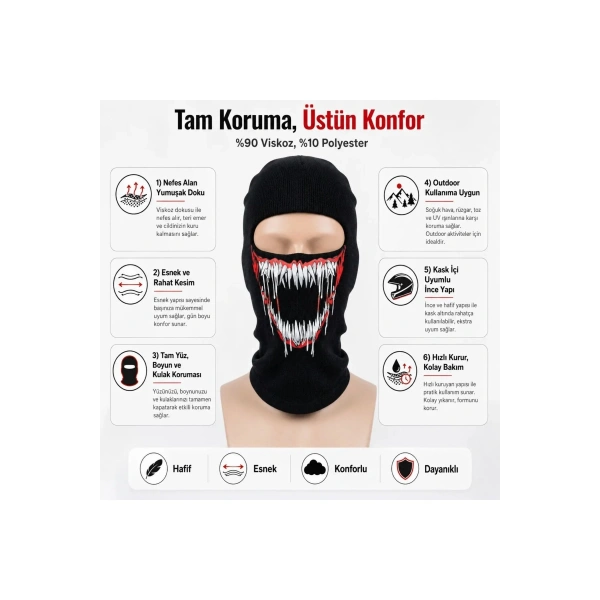 Unisex Canavar Diş Baskılı Balaklava 1 Adet Tek Beden Viskoz Kask İçi Motosiklet Maskesi