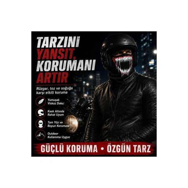 Unisex Canavar Diş Baskılı Balaklava 1 Adet Tek Beden Viskoz Kask İçi Motosiklet Maskesi