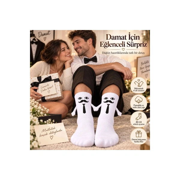 Mıknatıslı Damat Çorabı Erkek Beyaz Bıyık Kravat El Ele Tutuşan Düğün Çeyiz Bohça Eğlenceli Çorap