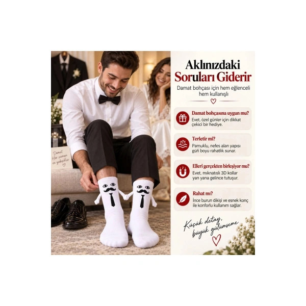 Mıknatıslı Damat Çorabı Erkek Beyaz Bıyık Kravat El Ele Tutuşan Düğün Çeyiz Bohça Eğlenceli Çorap