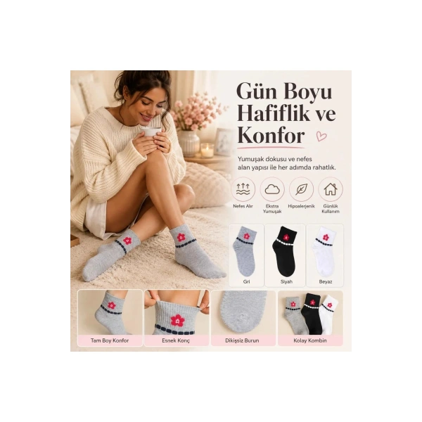 Kadın Çiçek Desenli Kısa Konç Çorap 3lü | %80 Pamuklu Dikişsiz, Siyah Beyaz Gri