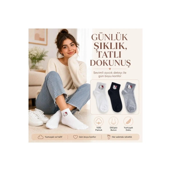 Kadın Sevimli Kedi Desenli Bilek Çorap 12lı | %80 Pamuklu Dikişsiz, Siyah Beyaz Gri