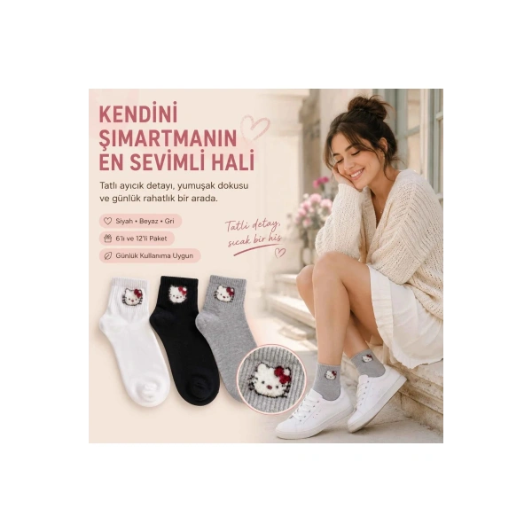 Kadın Sevimli Kedi Desenli Bilek Çorap 12lı | %80 Pamuklu Dikişsiz, Siyah Beyaz Gri