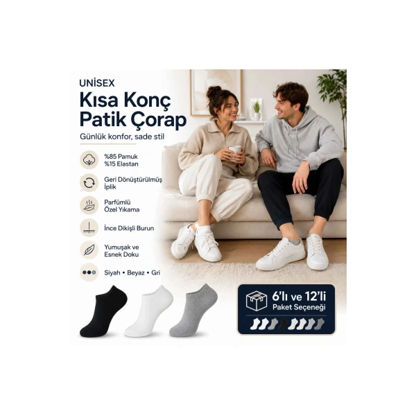 Unisex Patik Çorap 12li | %85 Pamuklu Geri Dönüşüm İplikli, İnce Dikişli Günlük Spor