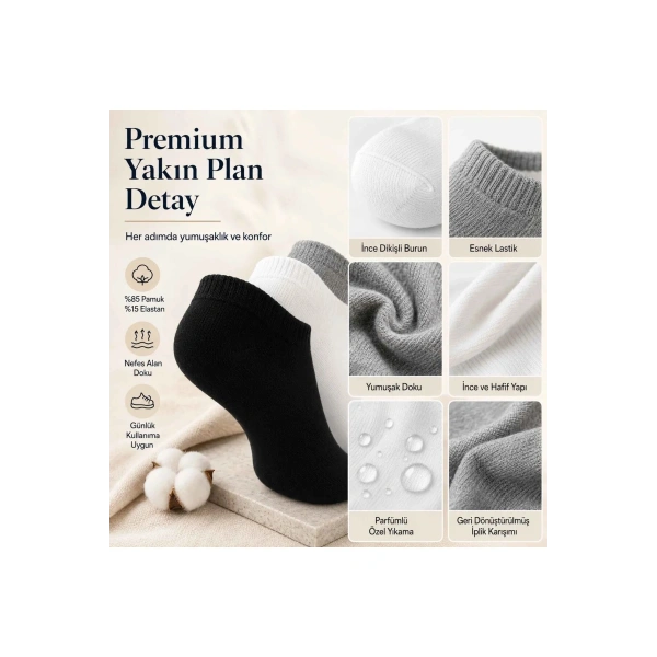 Unisex Patik Çorap 12li | %85 Pamuklu Geri Dönüşüm İplikli, İnce Dikişli Günlük Spor