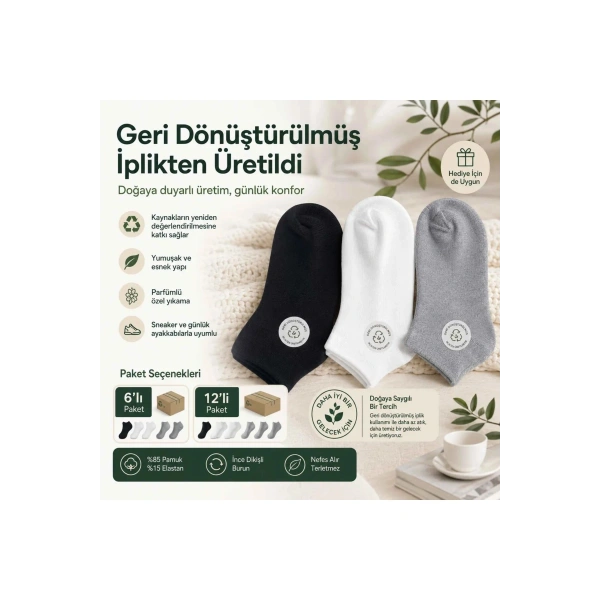 Unisex Patik Çorap 12li | %85 Pamuklu Geri Dönüşüm İplikli, İnce Dikişli Günlük Spor