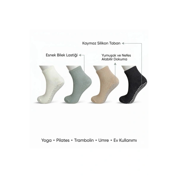 Kaymaz Tabanlı Yoga Pilates 4’lü Çorap, Silikon Tabanlı Esnek Nefes Alan Ev ve Spor Çorabı
