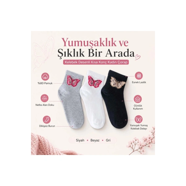 Kadın Kelebek Desenli Kısa Konç Çorap 3lü | %80 Pamuklu Dikişsiz, Siyah Beyaz Gri