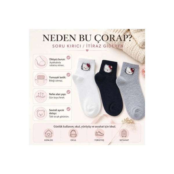 Kadın Sevimli Kedi Desenli Bilek Çorap 3lı | %80 Pamuklu Dikişsiz, Siyah Beyaz Gri