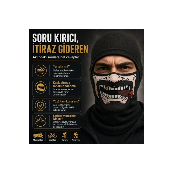 Unisex Bıyık Puro Baskılı Balaklava 1 Adet Tek Beden Viskoz Kask İçi Motosiklet Maskesi
