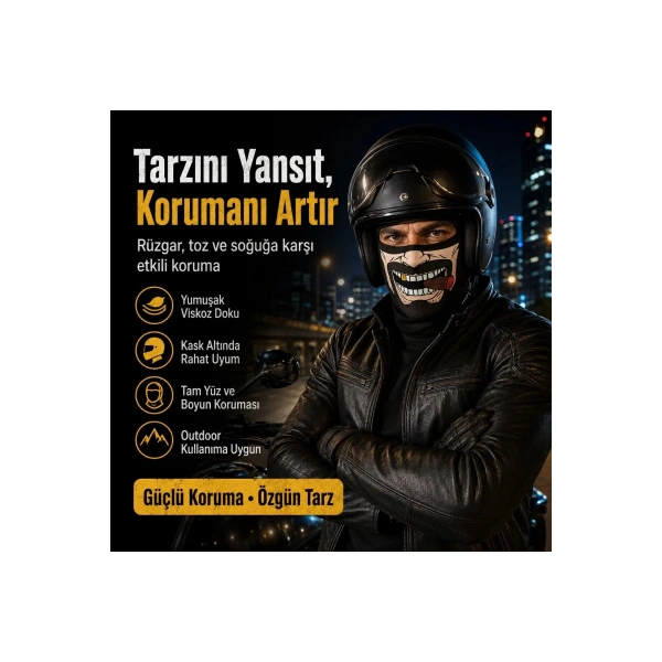 Unisex Bıyık Puro Baskılı Balaklava 1 Adet Tek Beden Viskoz Kask İçi Motosiklet Maskesi