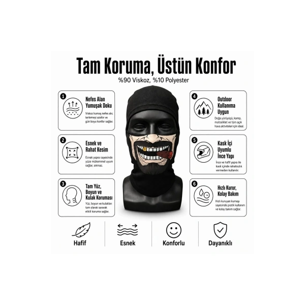 Unisex Bıyık Puro Baskılı Balaklava 1 Adet Tek Beden Viskoz Kask İçi Motosiklet Maskesi