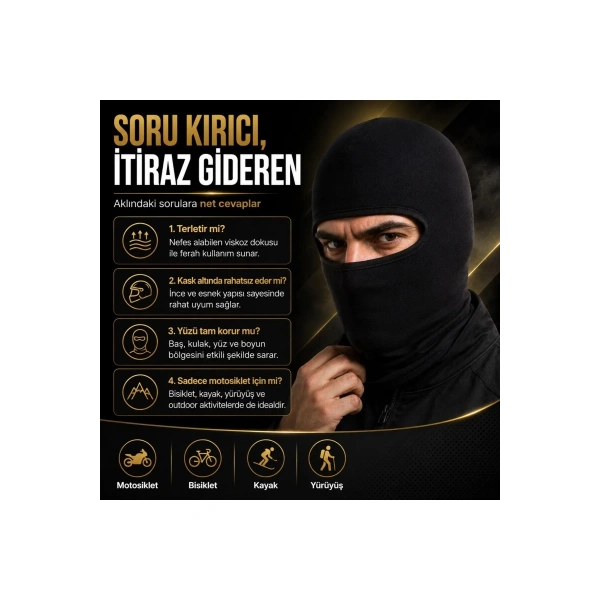 Unisex Siyah Balaklava Tek Beden | Viskoz Kask İçi Motosiklet Outdoor Maske