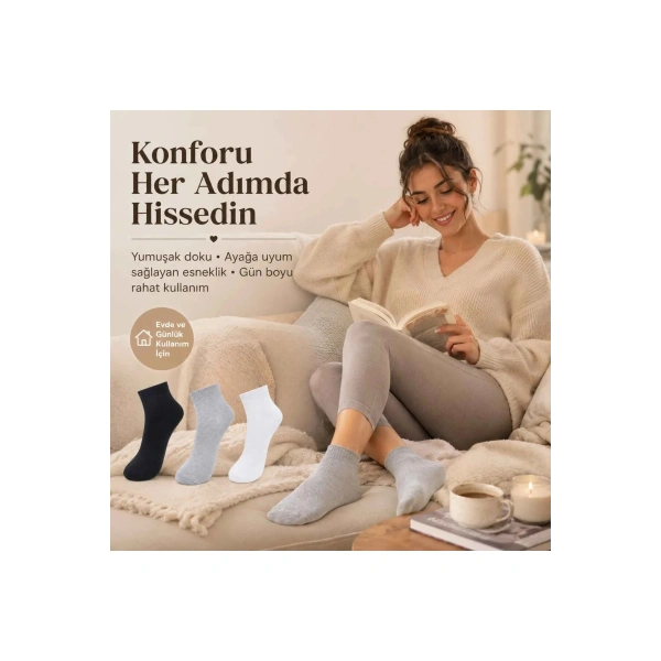 Kadın Kısa Konç Çorap 3lü | %80 Pamuklu Dikişsiz Burun, Nefes Alan, Siyah Gri Beyaz