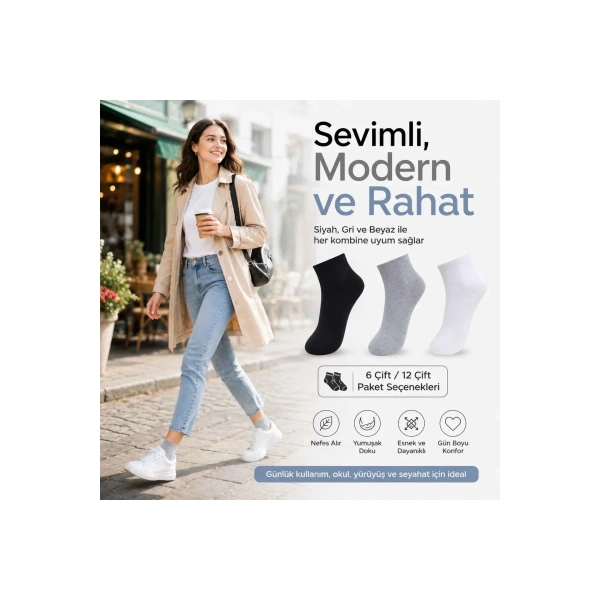 Kadın Kısa Konç Çorap 3lü | %80 Pamuklu Dikişsiz Burun, Nefes Alan, Siyah Gri Beyaz