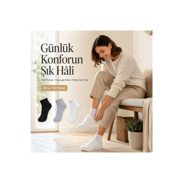 Kadın Kısa Konç Çorap 3lü | %80 Pamuklu Dikişsiz Burun, Nefes Alan, Siyah Gri Beyaz