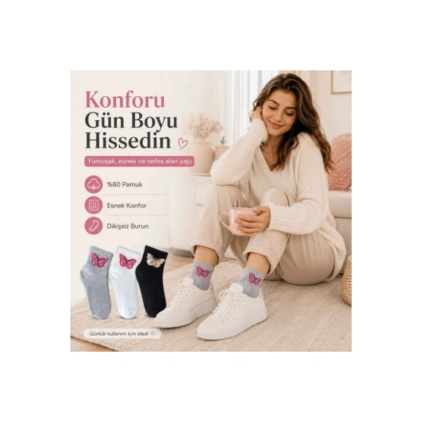 Kadın Kelebek Desenli Kısa Konç Çorap 12li | %80 Pamuklu Dikişsiz, Siyah Beyaz Gri