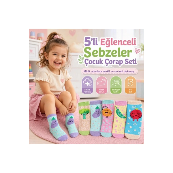 5’li Sebze Desenli Çocuk Çorap Seti Yüksek Pamuklu Rahat Burunlu Sıkmayan Lastikli