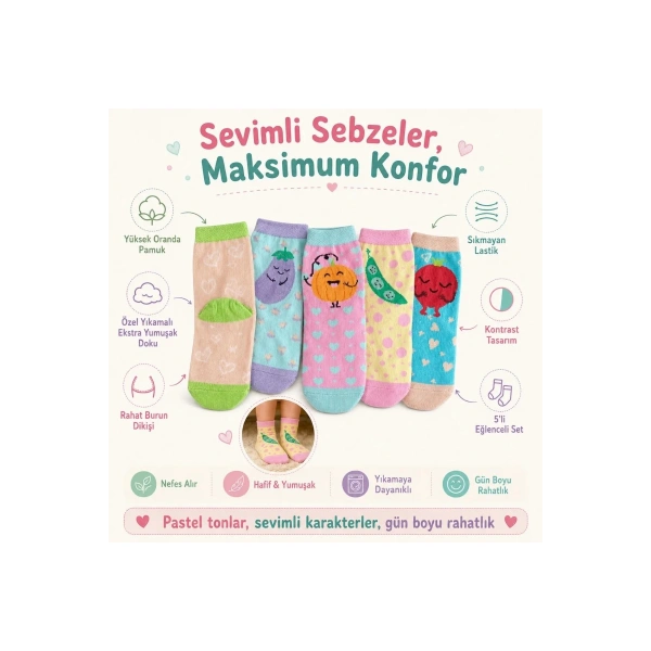 5’li Sebze Desenli Çocuk Çorap Seti Yüksek Pamuklu Rahat Burunlu Sıkmayan Lastikli