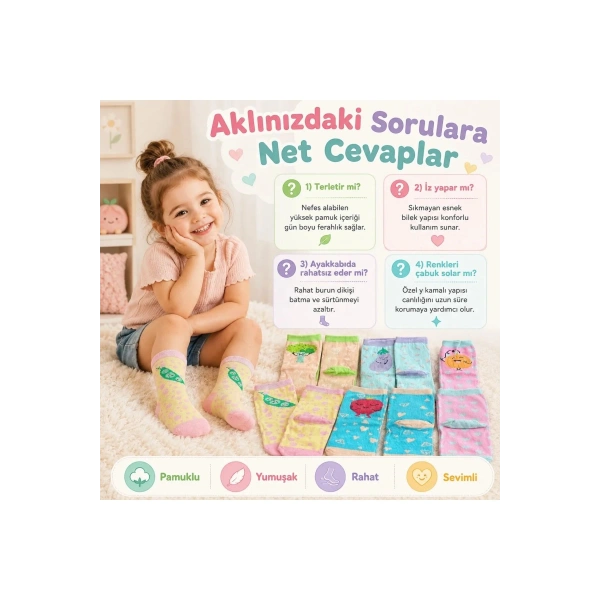 5’li Sebze Desenli Çocuk Çorap Seti Yüksek Pamuklu Rahat Burunlu Sıkmayan Lastikli