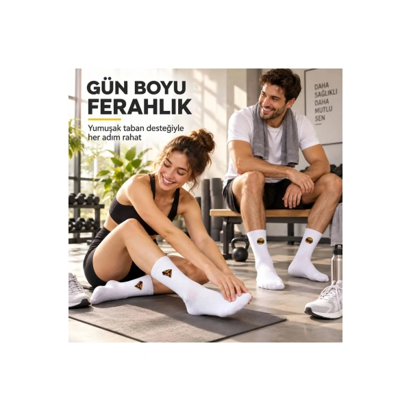 UNİSEX Çorap Beyaz Nakışlı 3lü Set Pizza Hotdog Hamburger Desenli Uzun Soket Günlük Spor Çorap Seti