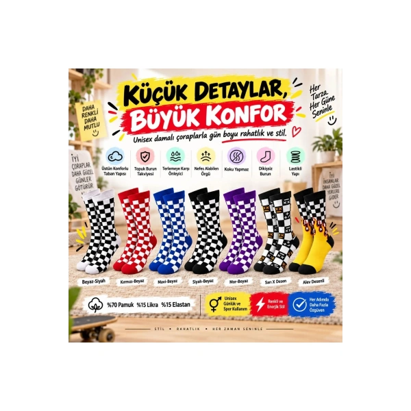 UNİSEX Çorap Dama Desenli Renkli 7li Set Kareli Alev Baskılı Uzun Soket Günlük Spor Çorabı